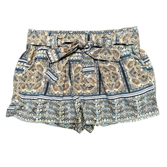 Boom Boom JEANS Blue Cream Bohemian Print Soft Waist Tie Shorts - Picture 1 of 7